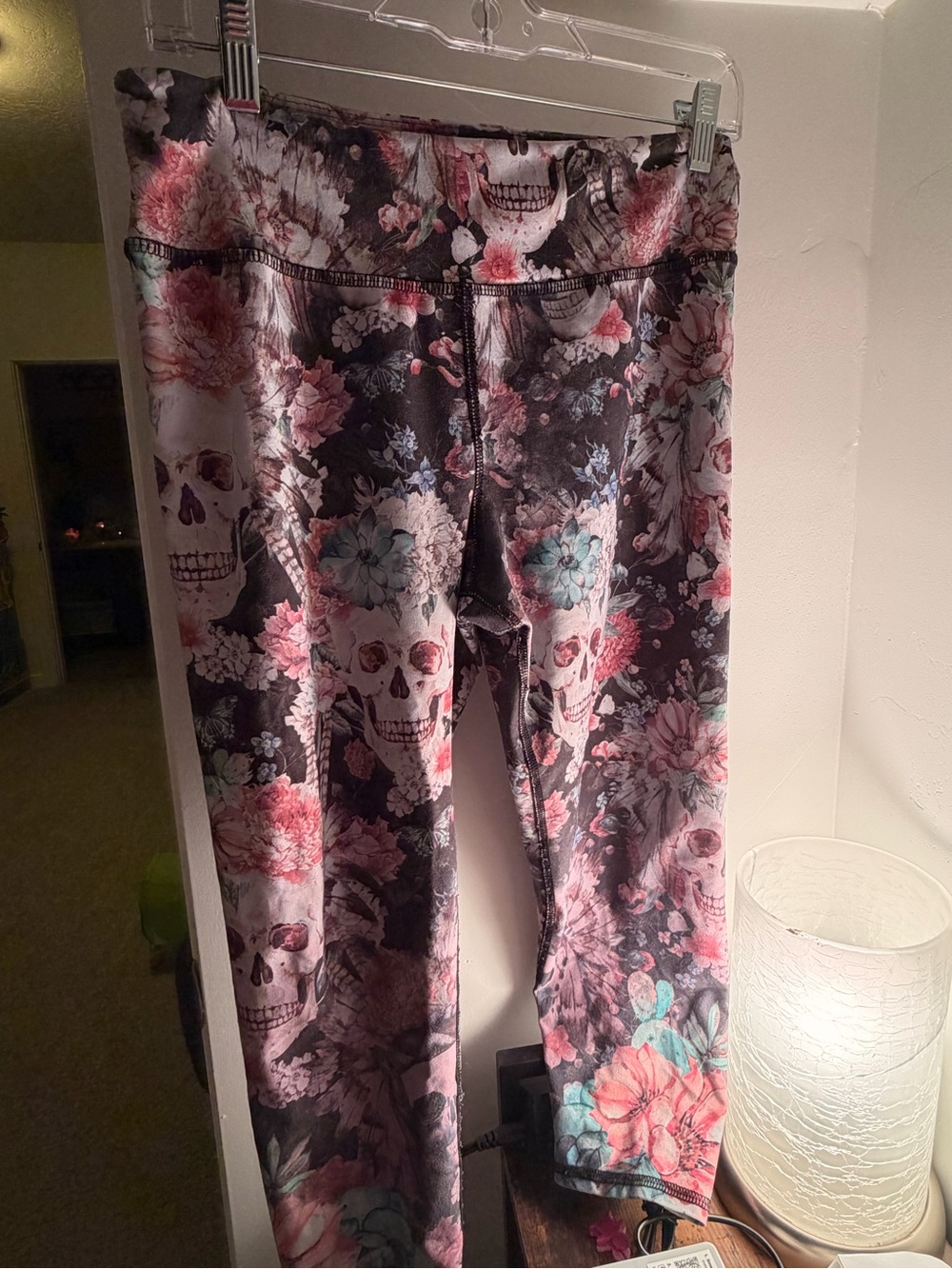 Evolution and Creation Floral Skull Leggings in Pink, Black and Teal L